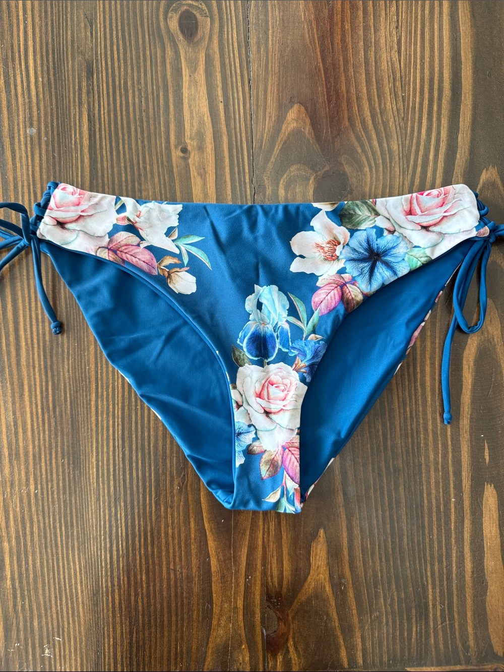 CUPSHE Floral Tie-Side Bikini Bottom in Teal Blue Women Size Large Reversible